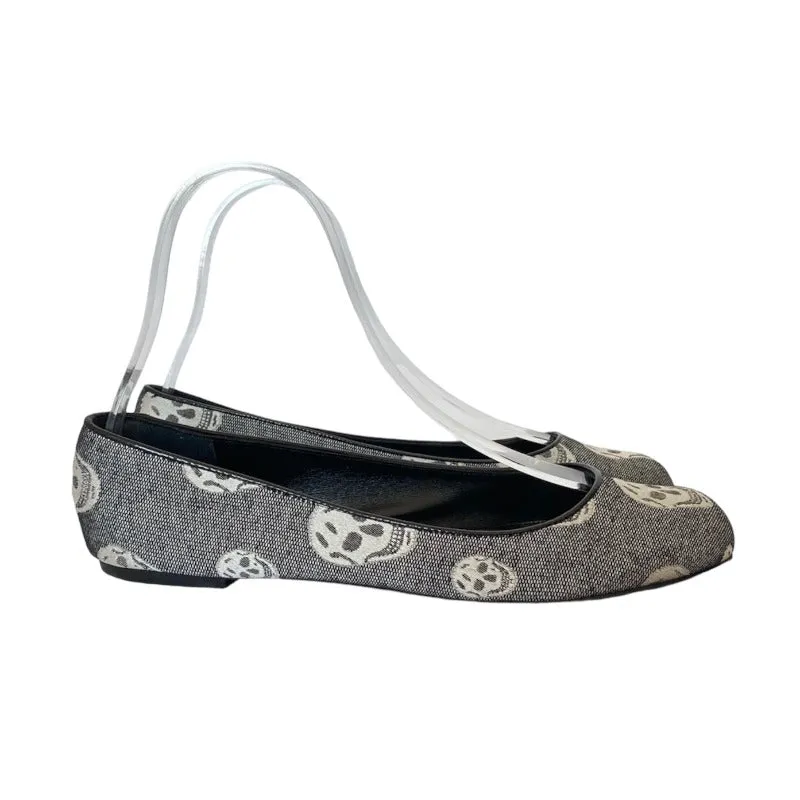 ALEXANDER MCQUEEN Skull Printed Black Round Toe Canvas Ballet Flats, Size 40.5