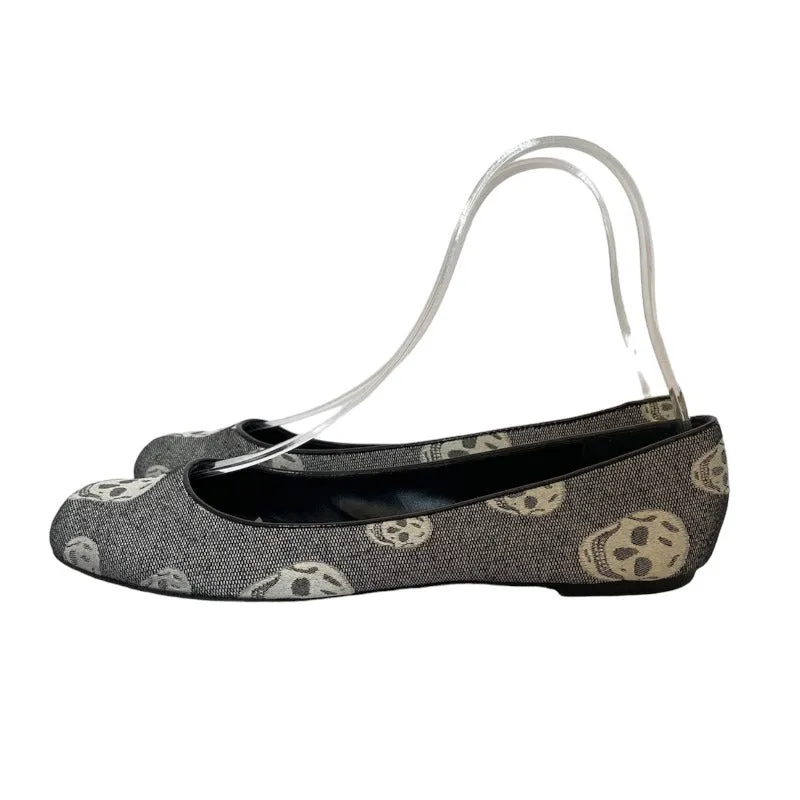 ALEXANDER MCQUEEN Skull Printed Black Round Toe Canvas Ballet Flats, Size 40.5