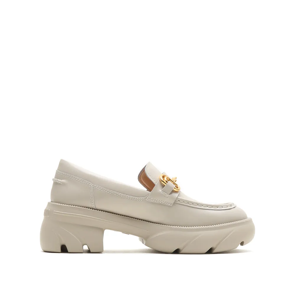 Beige Leather Platform Horsebit Loafers