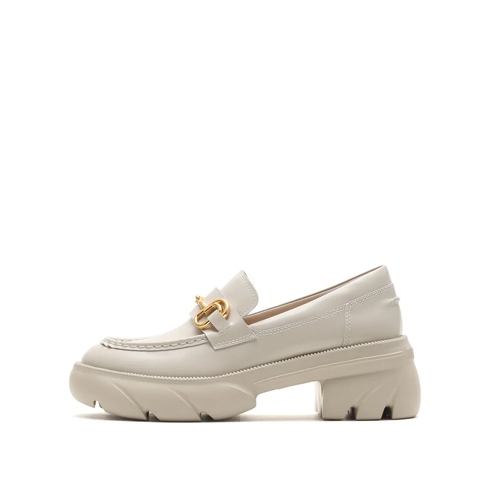 Beige Leather Platform Horsebit Loafers