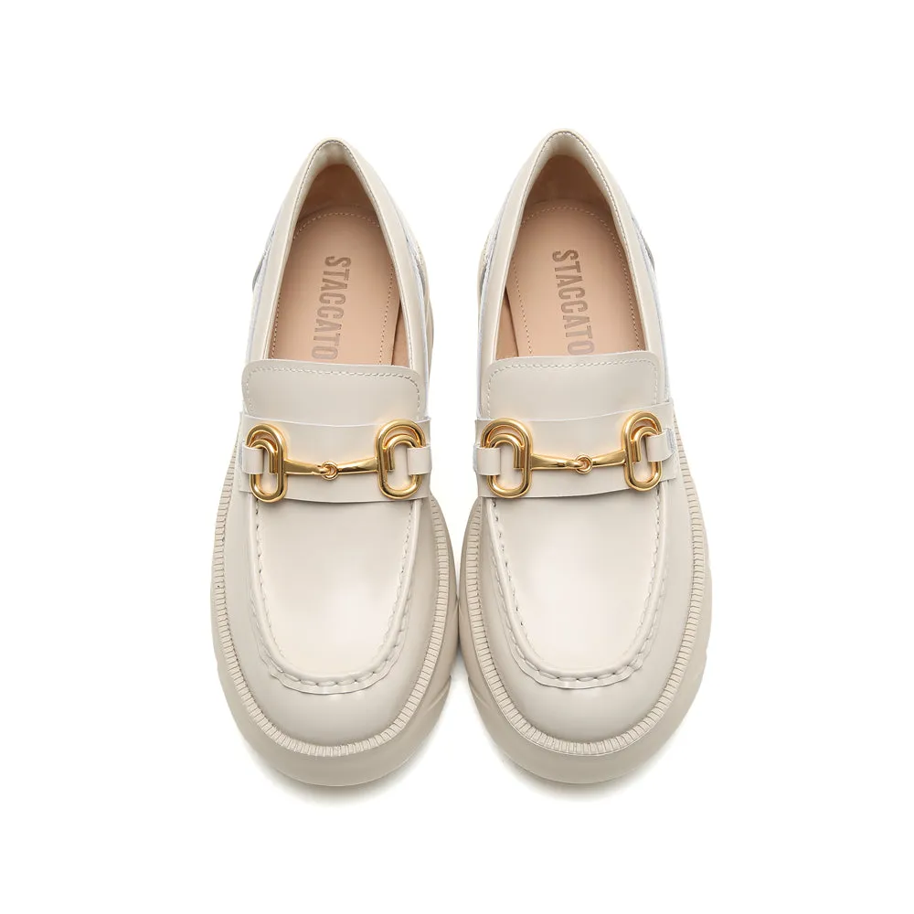 Beige Leather Platform Horsebit Loafers
