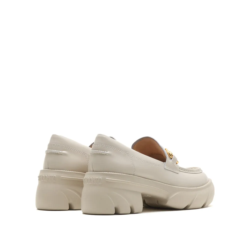 Beige Leather Platform Horsebit Loafers
