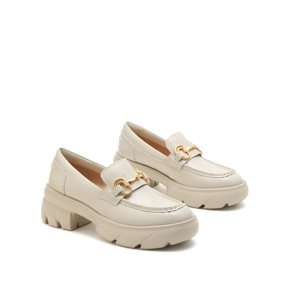 Beige Leather Platform Horsebit Loafers
