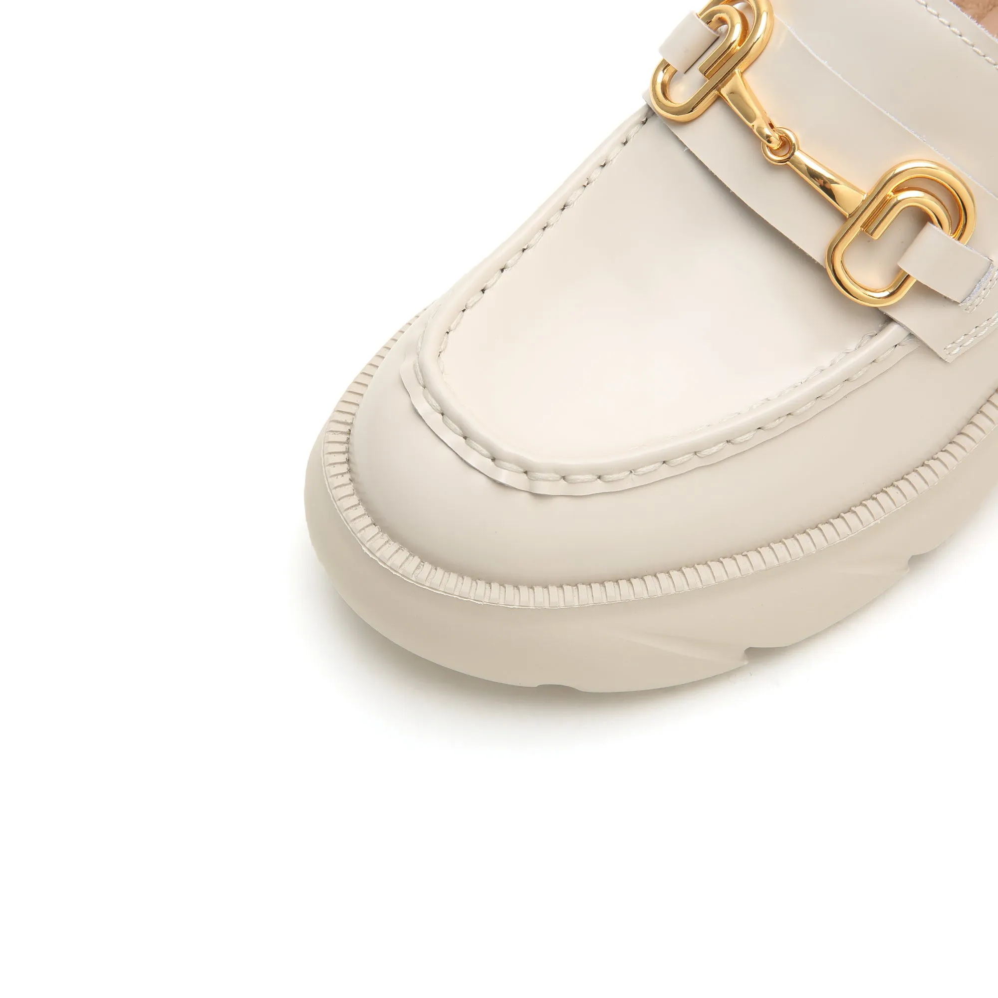 Beige Leather Platform Horsebit Loafers