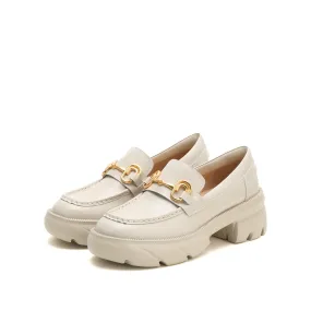 Beige Leather Platform Horsebit Loafers