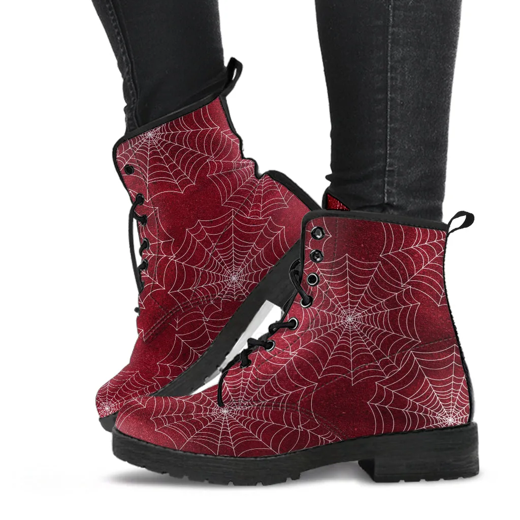 Combat Boots - Goth Shoes #72 Red Spiderweb Boots | Vegan Leather Lace Up Boots, Handmade Lace Up Boots, Women's Boots, Custom Shoes