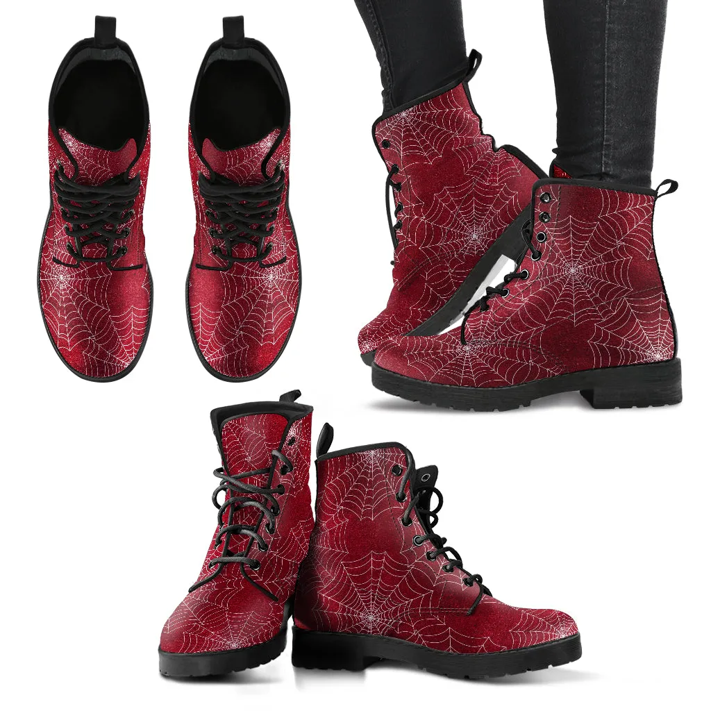 Combat Boots - Goth Shoes #72 Red Spiderweb Boots | Vegan Leather Lace Up Boots, Handmade Lace Up Boots, Women's Boots, Custom Shoes