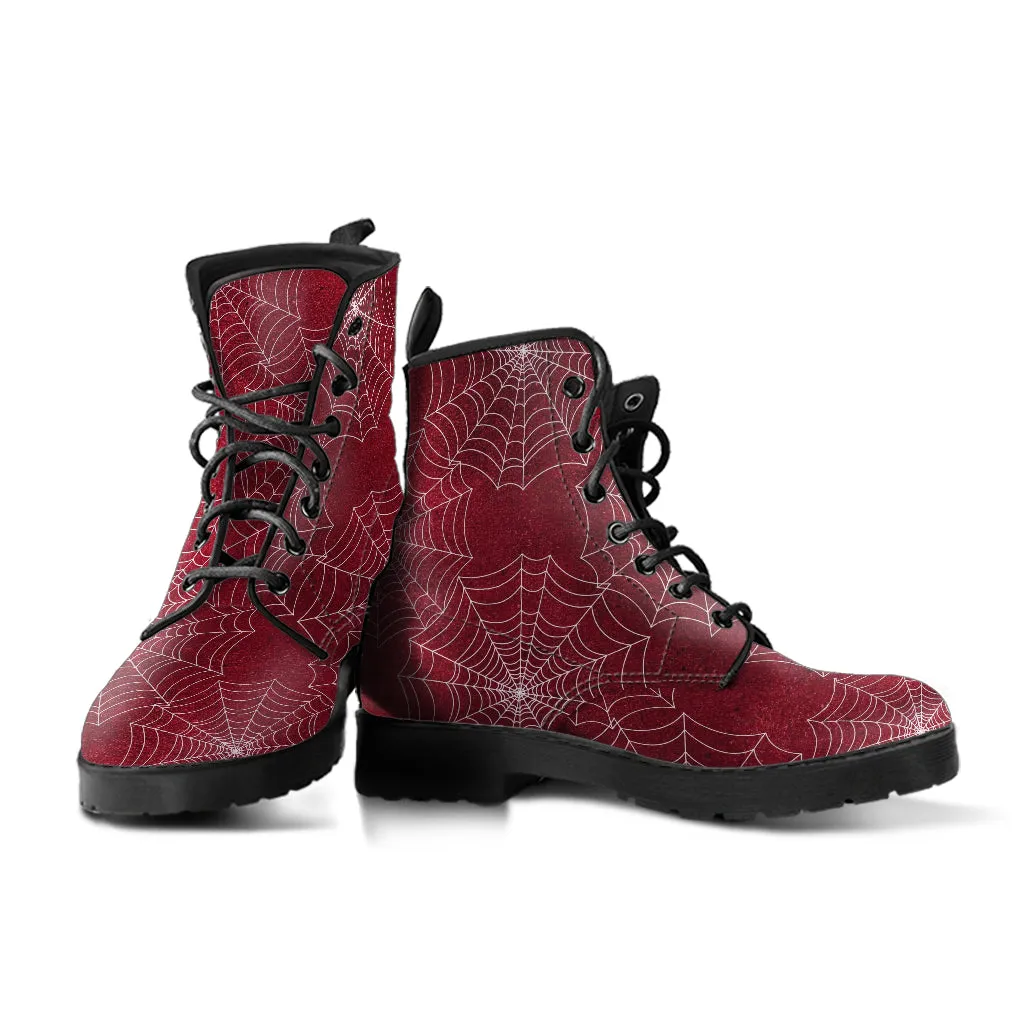 Combat Boots - Goth Shoes #72 Red Spiderweb Boots | Vegan Leather Lace Up Boots, Handmade Lace Up Boots, Women's Boots, Custom Shoes