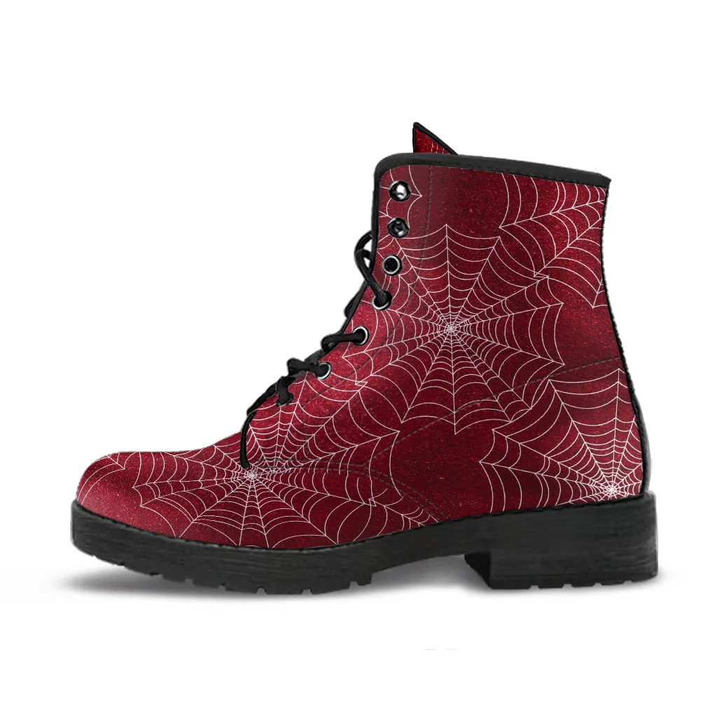 Combat Boots - Goth Shoes #72 Red Spiderweb Boots | Vegan Leather Lace Up Boots, Handmade Lace Up Boots, Women's Boots, Custom Shoes