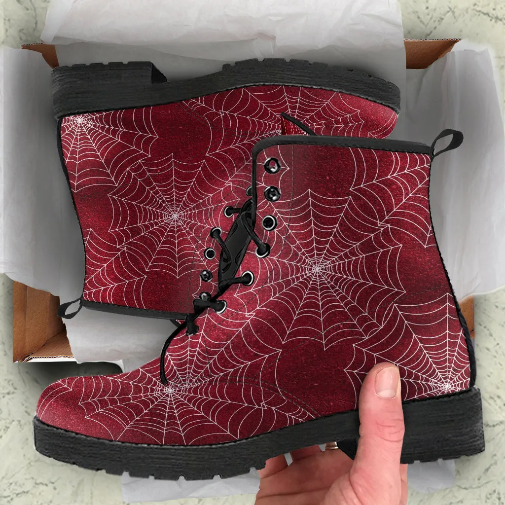 Combat Boots - Goth Shoes #72 Red Spiderweb Boots | Vegan Leather Lace Up Boots, Handmade Lace Up Boots, Women's Boots, Custom Shoes