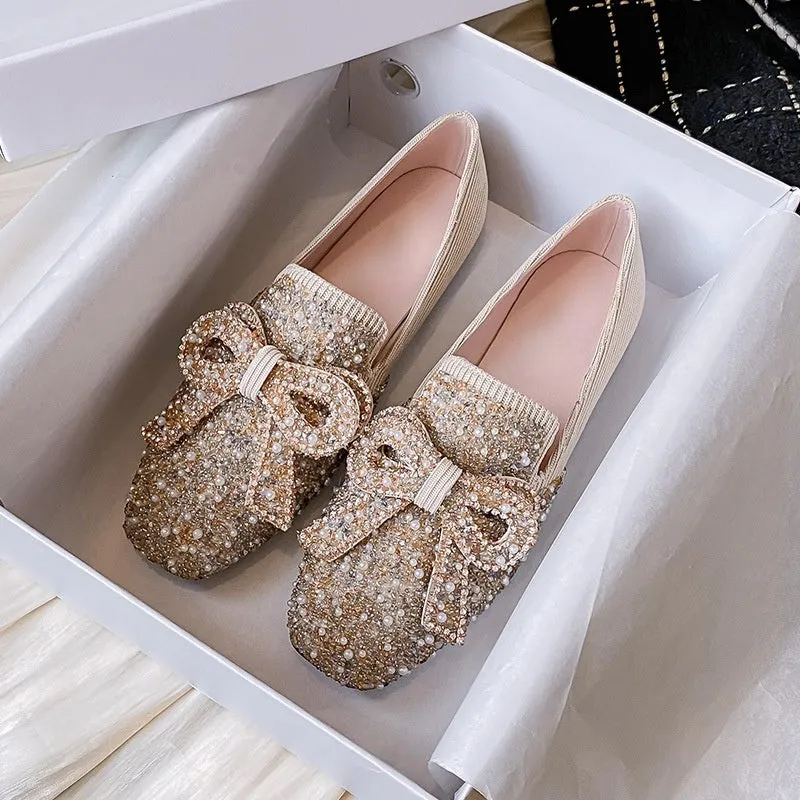 Comelyy Crystal Bow Flat Breathable Loafers