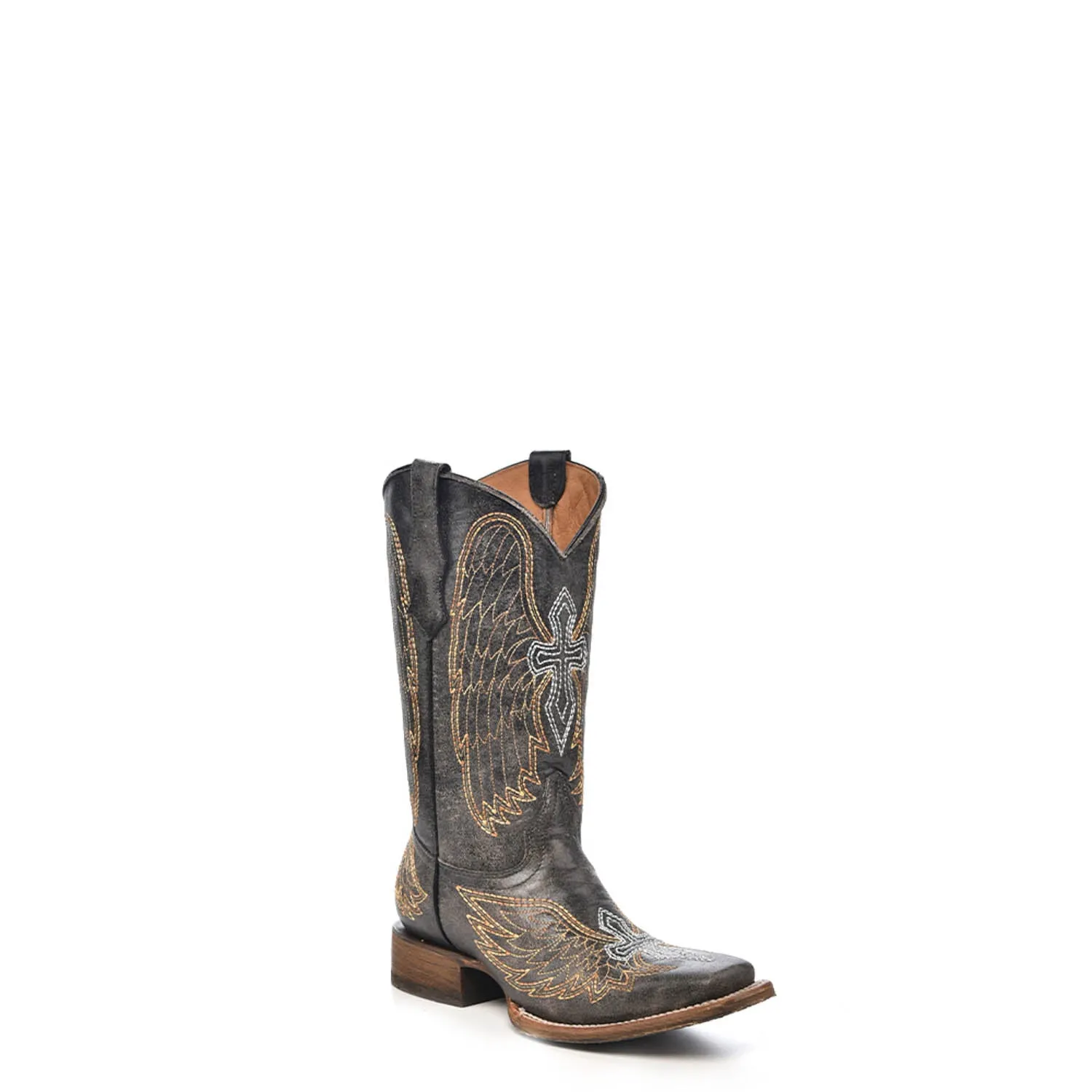 Corral Boots Kids Girl Leather Wing & Cross Black Square Toe Cowgirl