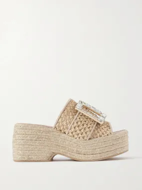 Crystal-embellished raffia platform mules