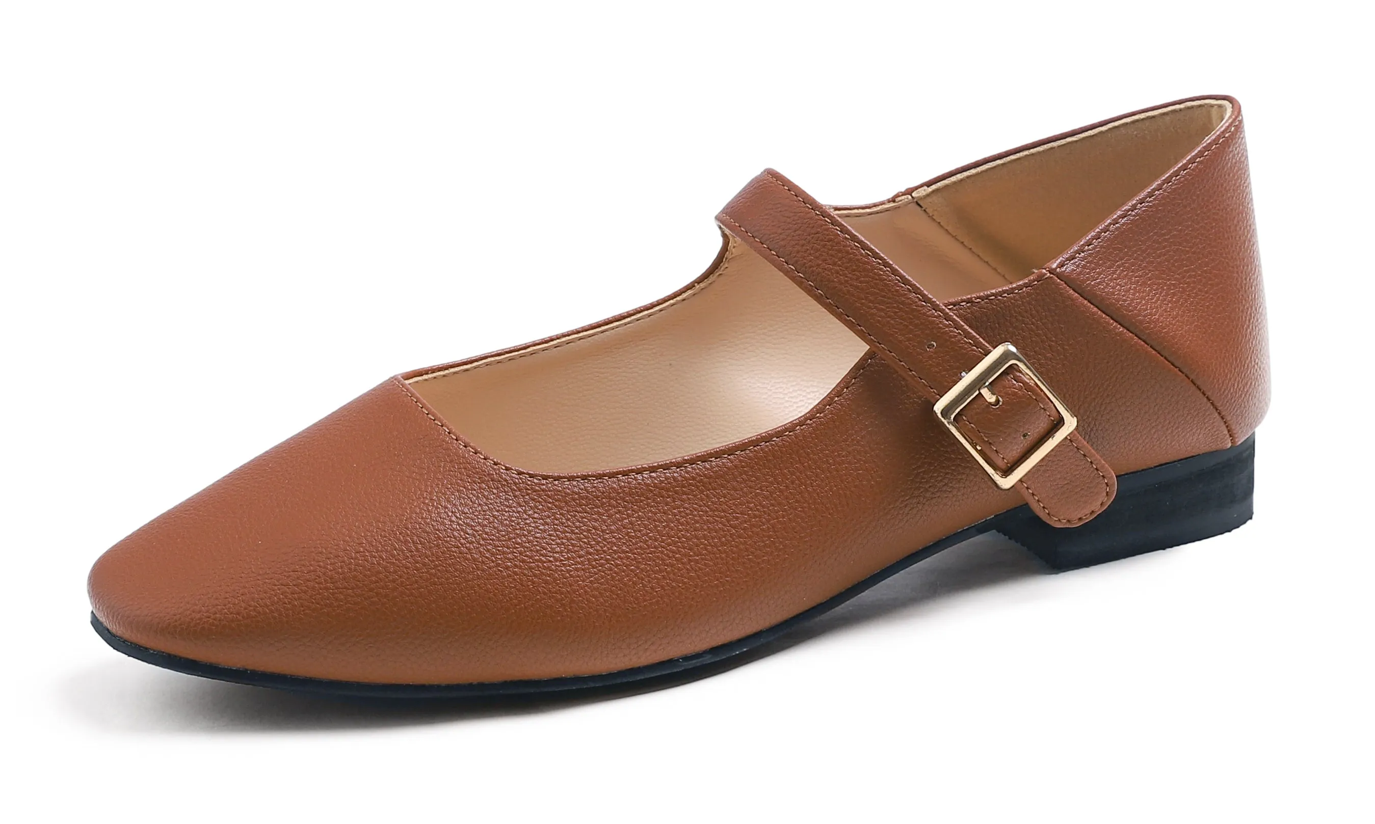 Feversole Women's Mary Jane Fashion Square Toe Easy Buckle Low Heel Slip On Flats Vegan Grain Leather
