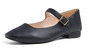 Feversole Women's Mary Jane Fashion Square Toe Easy Buckle Low Heel Slip On Flats Vegan Grain Leather