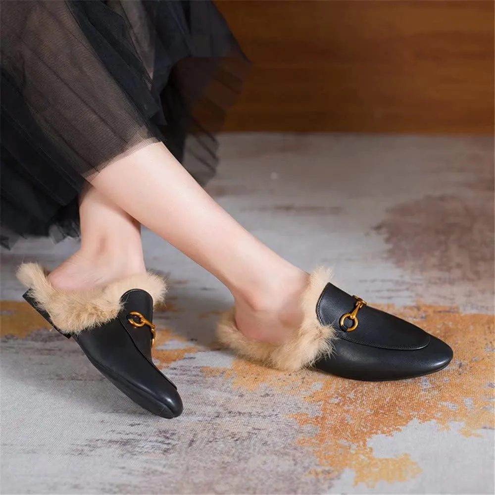 Fur Mules for Women Leather Mule Slides Buckle Mule Shoes Fluffy Furry Flat Mules Slipper