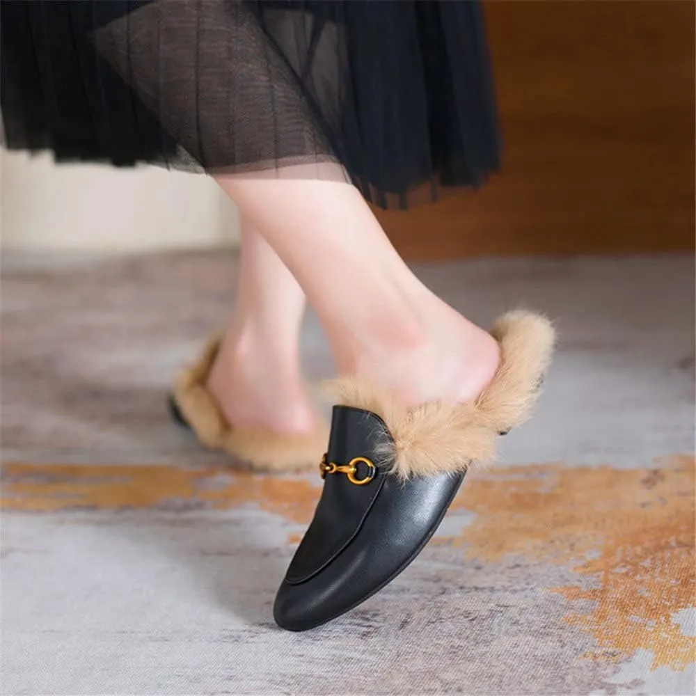 Fur Mules for Women Leather Mule Slides Buckle Mule Shoes Fluffy Furry Flat Mules Slipper