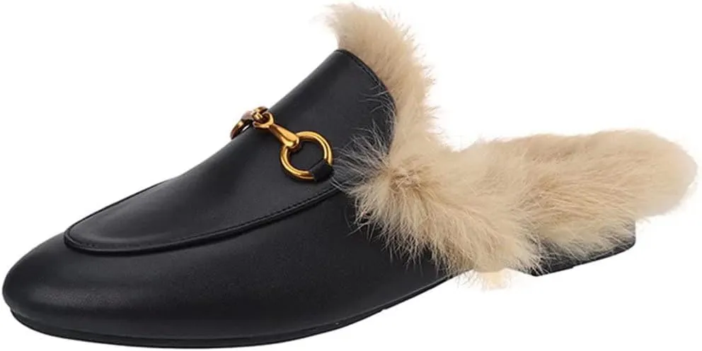 Fur Mules for Women Leather Mule Slides Buckle Mule Shoes Fluffy Furry Flat Mules Slipper