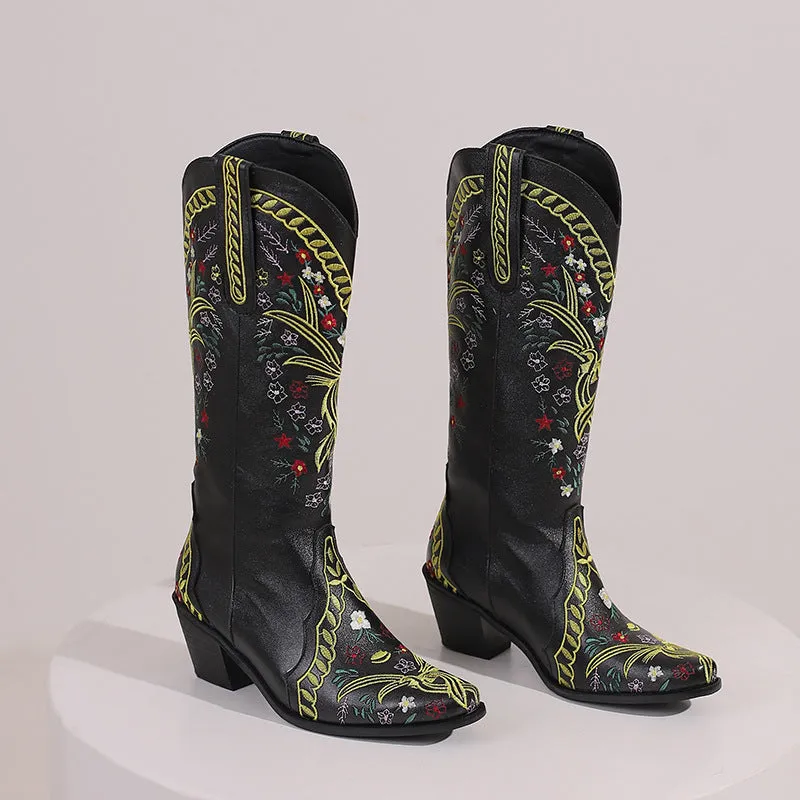 Gardenia Floral Embroidery Cowboy Boots