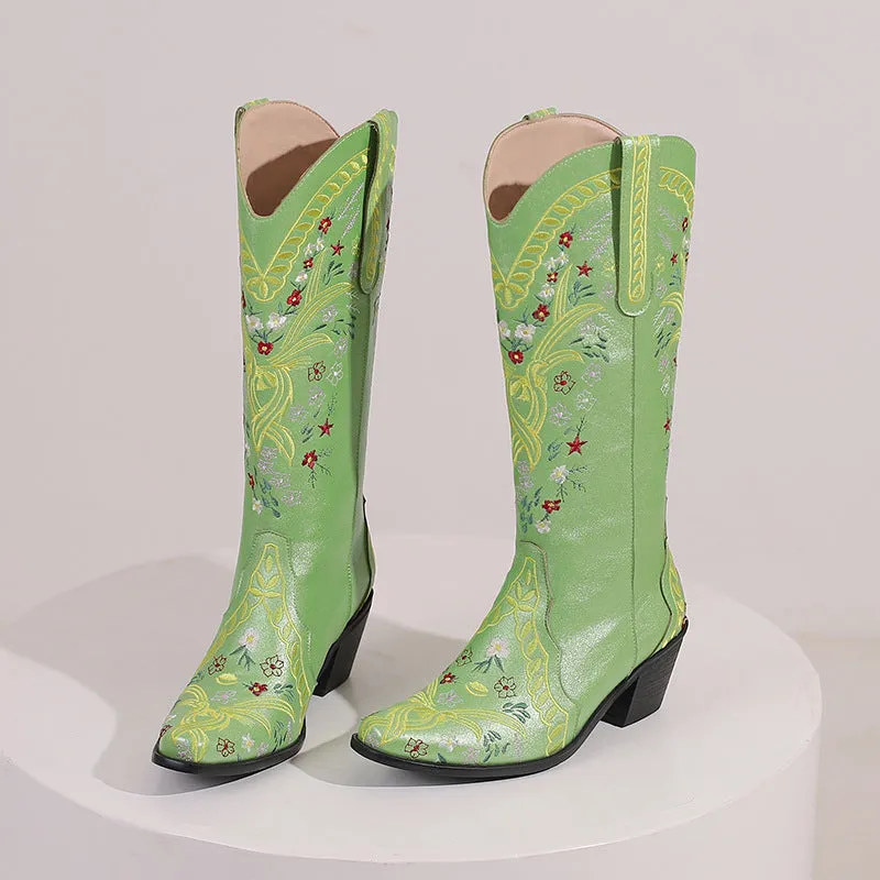 Gardenia Floral Embroidery Cowboy Boots