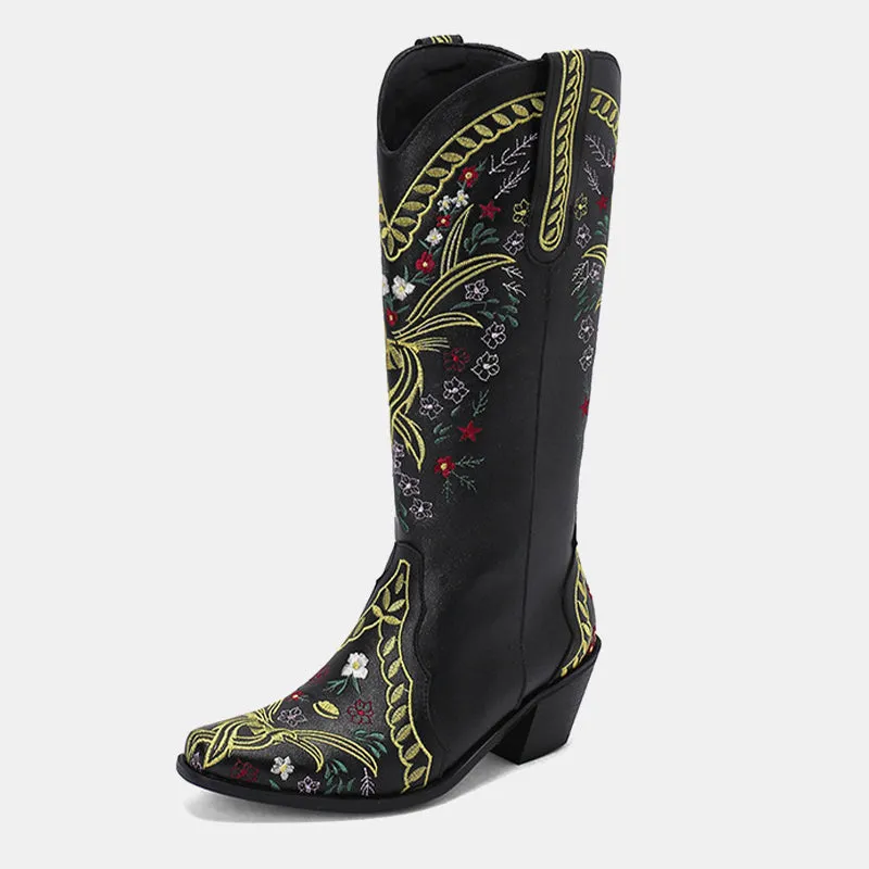 Gardenia Floral Embroidery Cowboy Boots