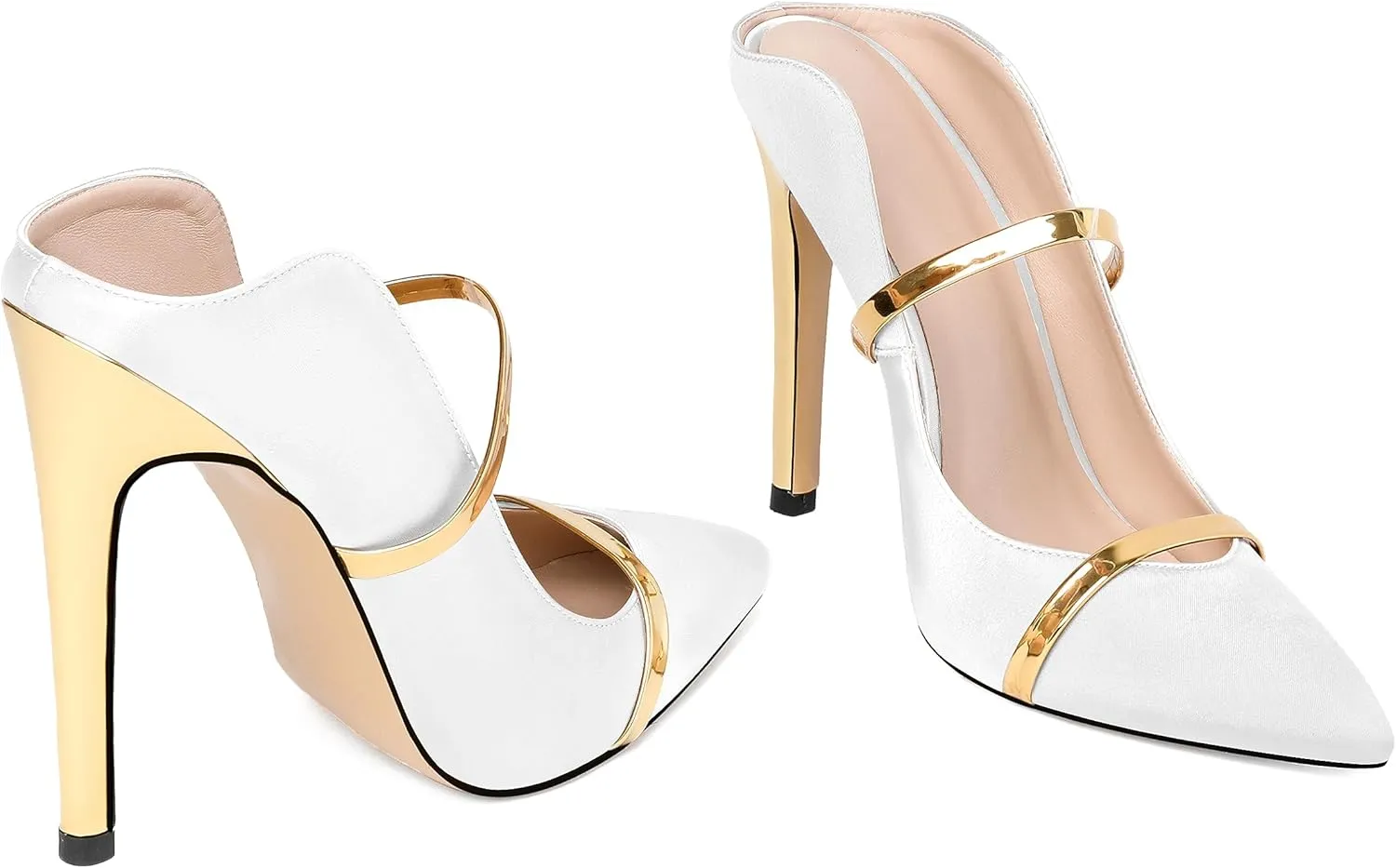 Joseywade Heeled Mules For Women High Heel Mules Slip On Heeled Sandals Pointed Toe Dress Pumps Gold Strap Backless Shoes 4.5 Inch