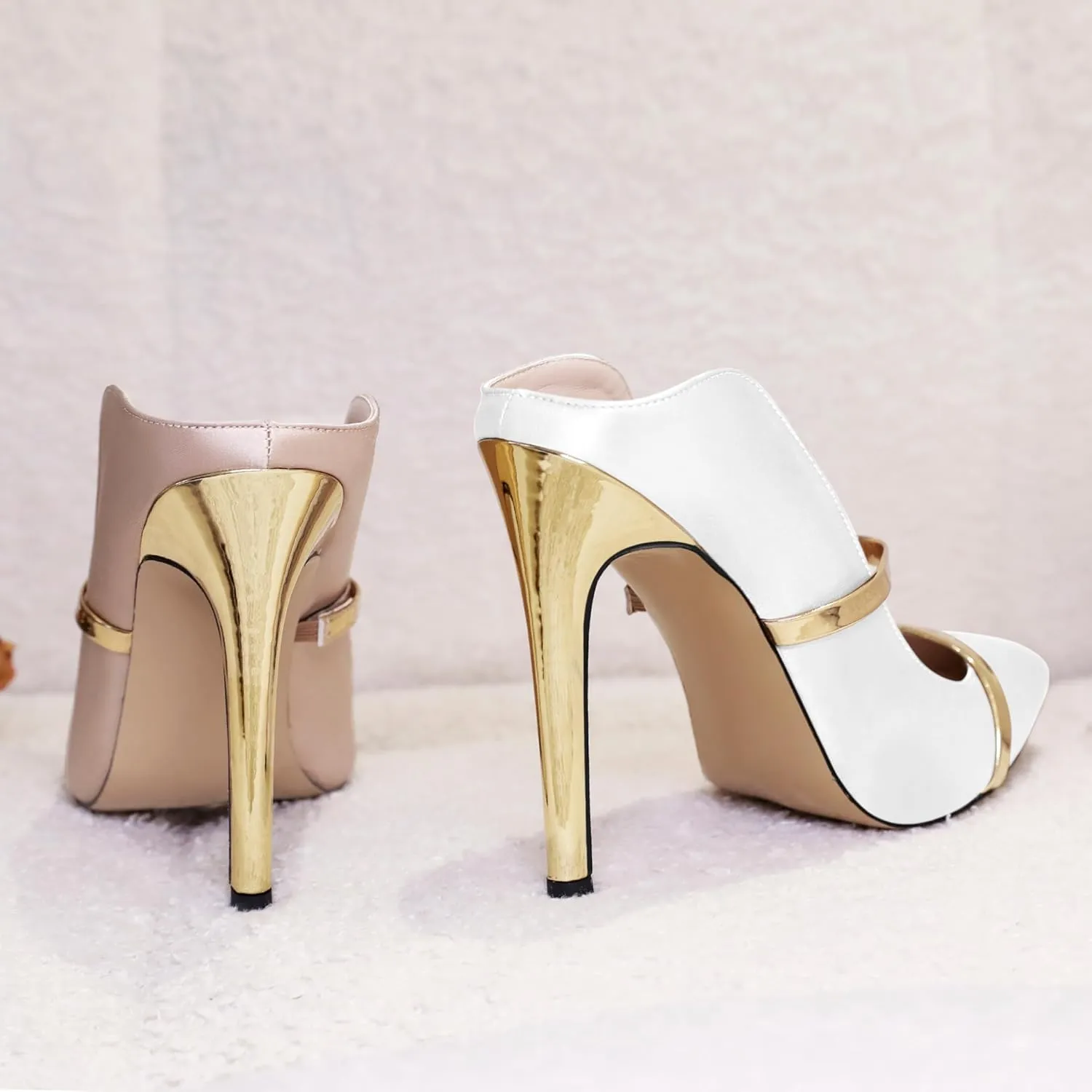 Joseywade Heeled Mules For Women High Heel Mules Slip On Heeled Sandals Pointed Toe Dress Pumps Gold Strap Backless Shoes 4.5 Inch