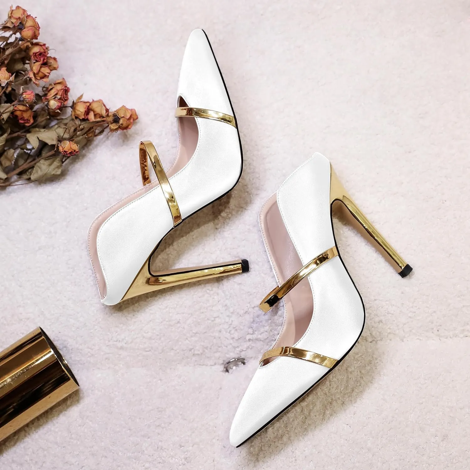 Joseywade Heeled Mules For Women High Heel Mules Slip On Heeled Sandals Pointed Toe Dress Pumps Gold Strap Backless Shoes 4.5 Inch