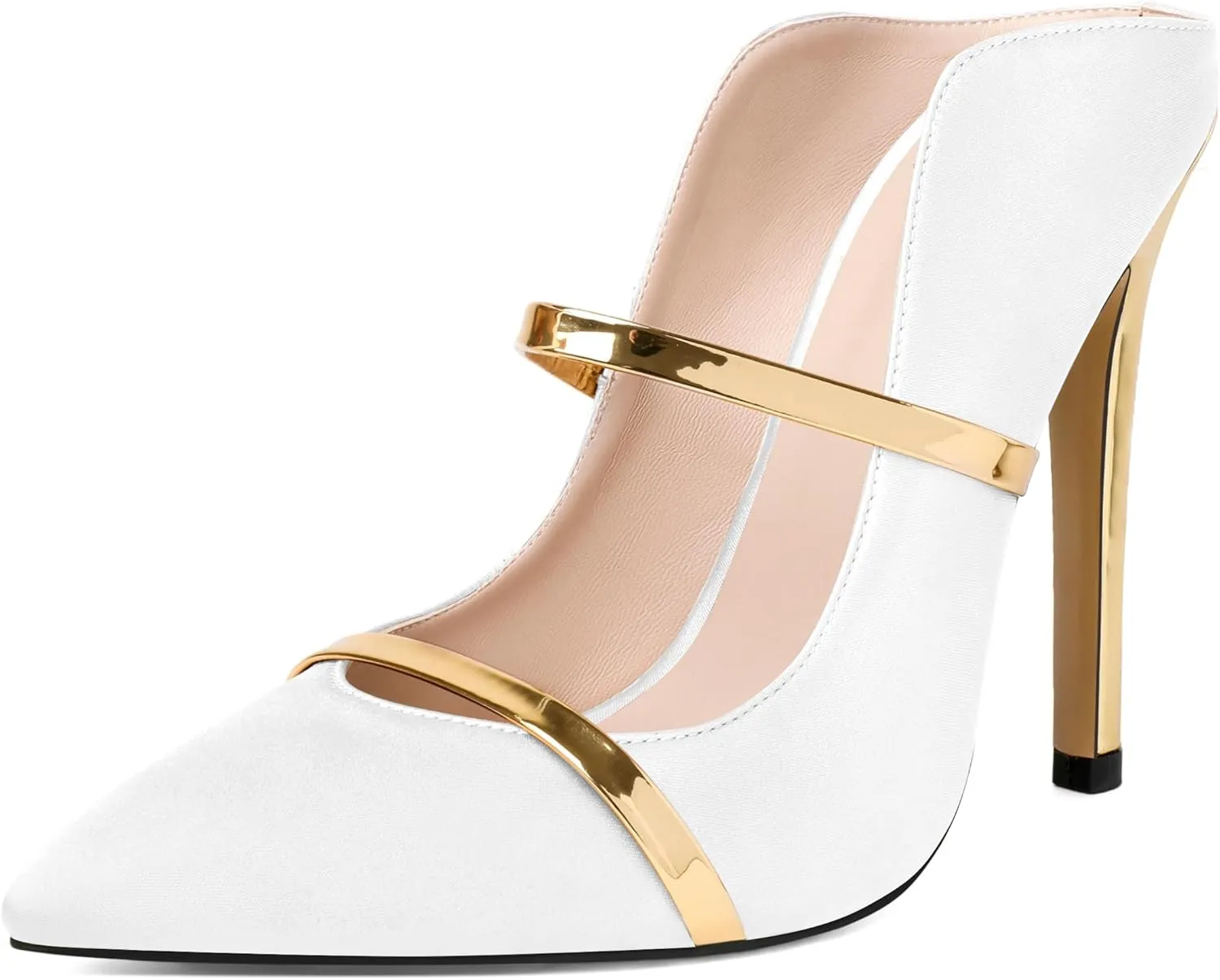 Joseywade Heeled Mules For Women High Heel Mules Slip On Heeled Sandals Pointed Toe Dress Pumps Gold Strap Backless Shoes 4.5 Inch