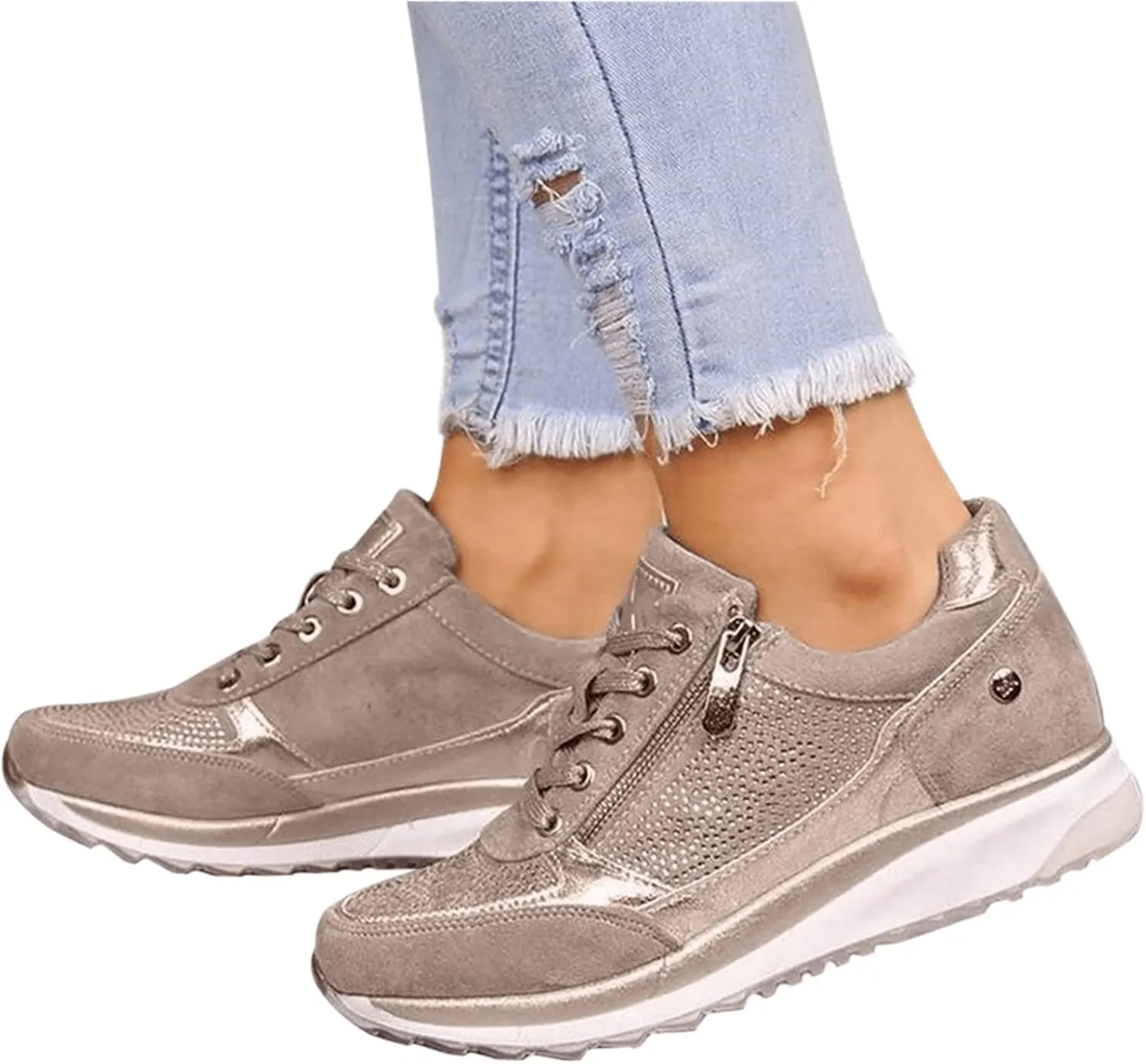 Ladmiple Sneakers For Women Slip On Wide Width Casual Leather Walking Shoes Dressy Casual Summer Lace Up Platform Loafer