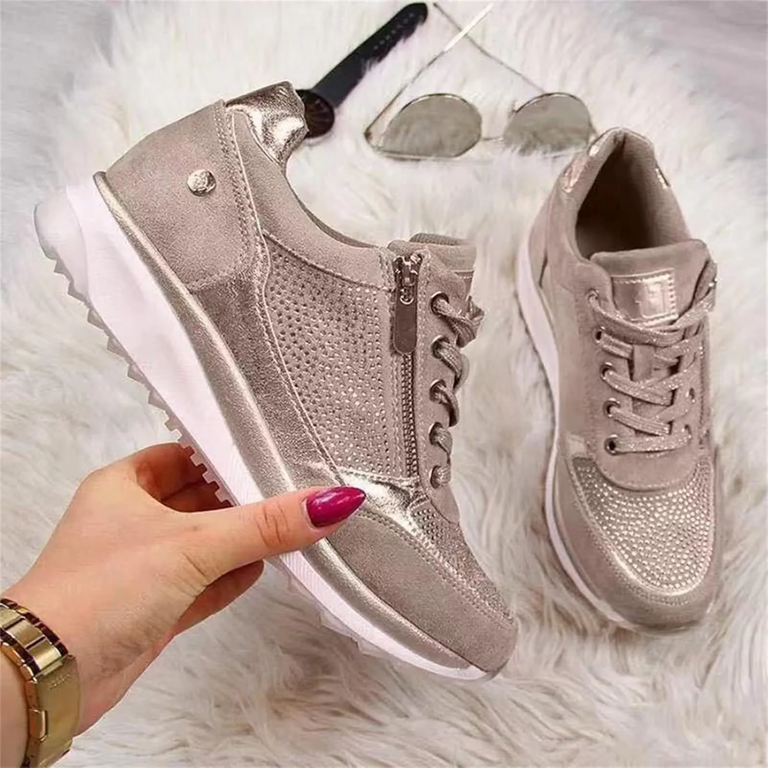 Ladmiple Sneakers For Women Slip On Wide Width Casual Leather Walking Shoes Dressy Casual Summer Lace Up Platform Loafer