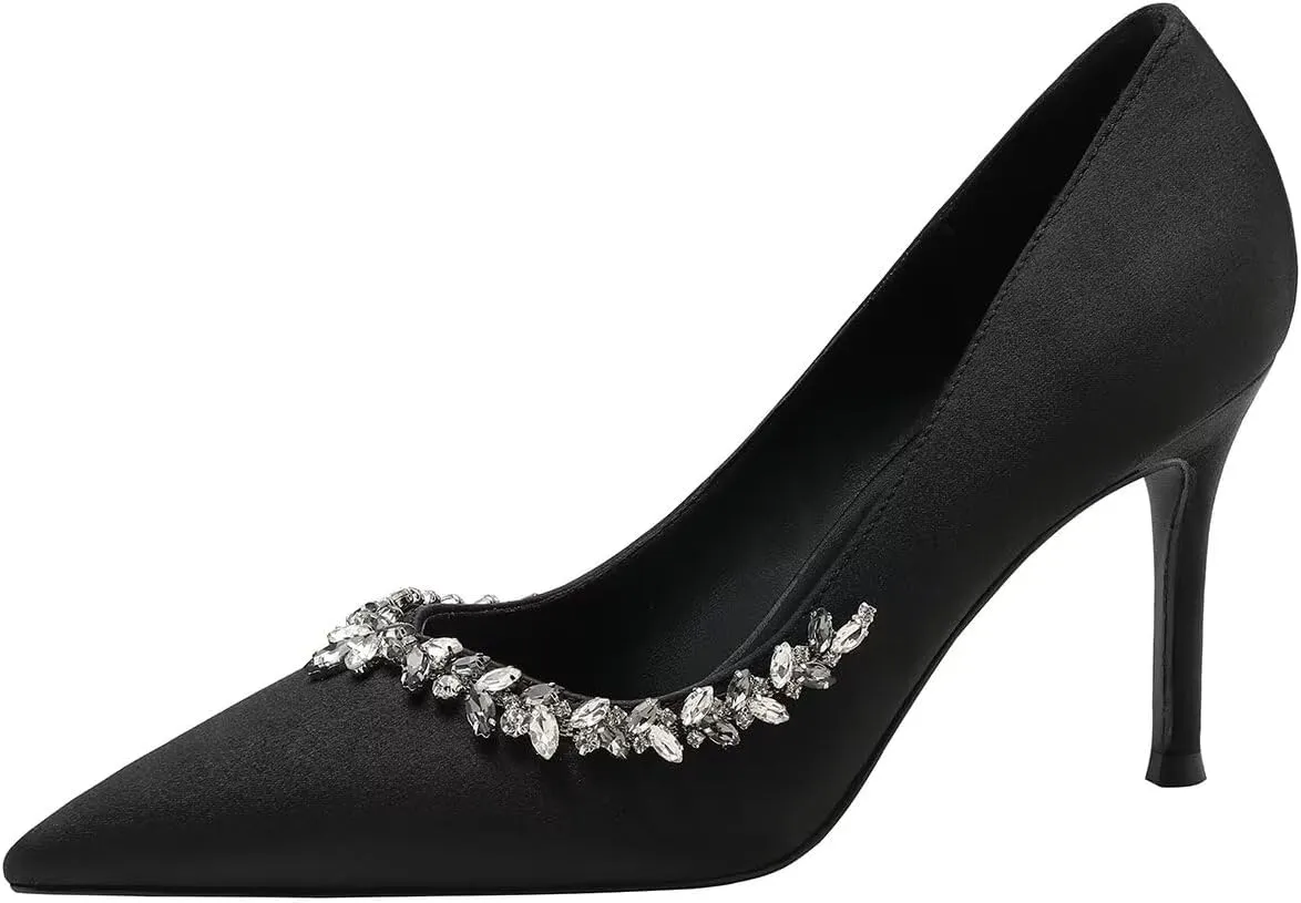 LUXINYU Women Pointed Toe Heels Elegant Stiletto Fashion Pearl Rhinestone Ladies Pumps Wedding Dress Shoes Comfortable Kitten Heels Work Shoes