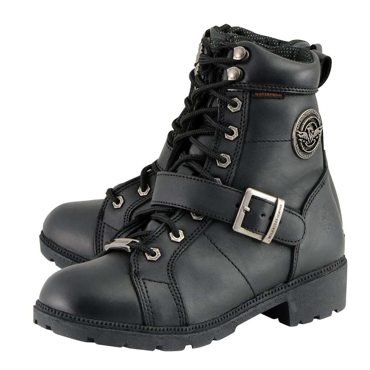 MBL9326WP Women's Black Leather Lace-Up Waterproof Motorcyle Rider Boots with Side Zippers