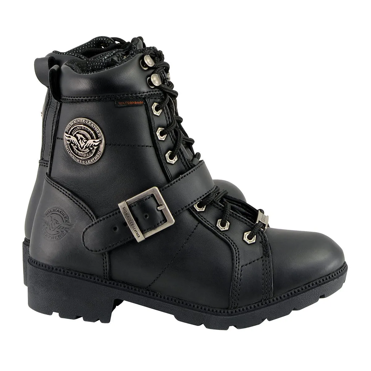 MBL9326WP Women's Black Leather Lace-Up Waterproof Motorcyle Rider Boots with Side Zippers