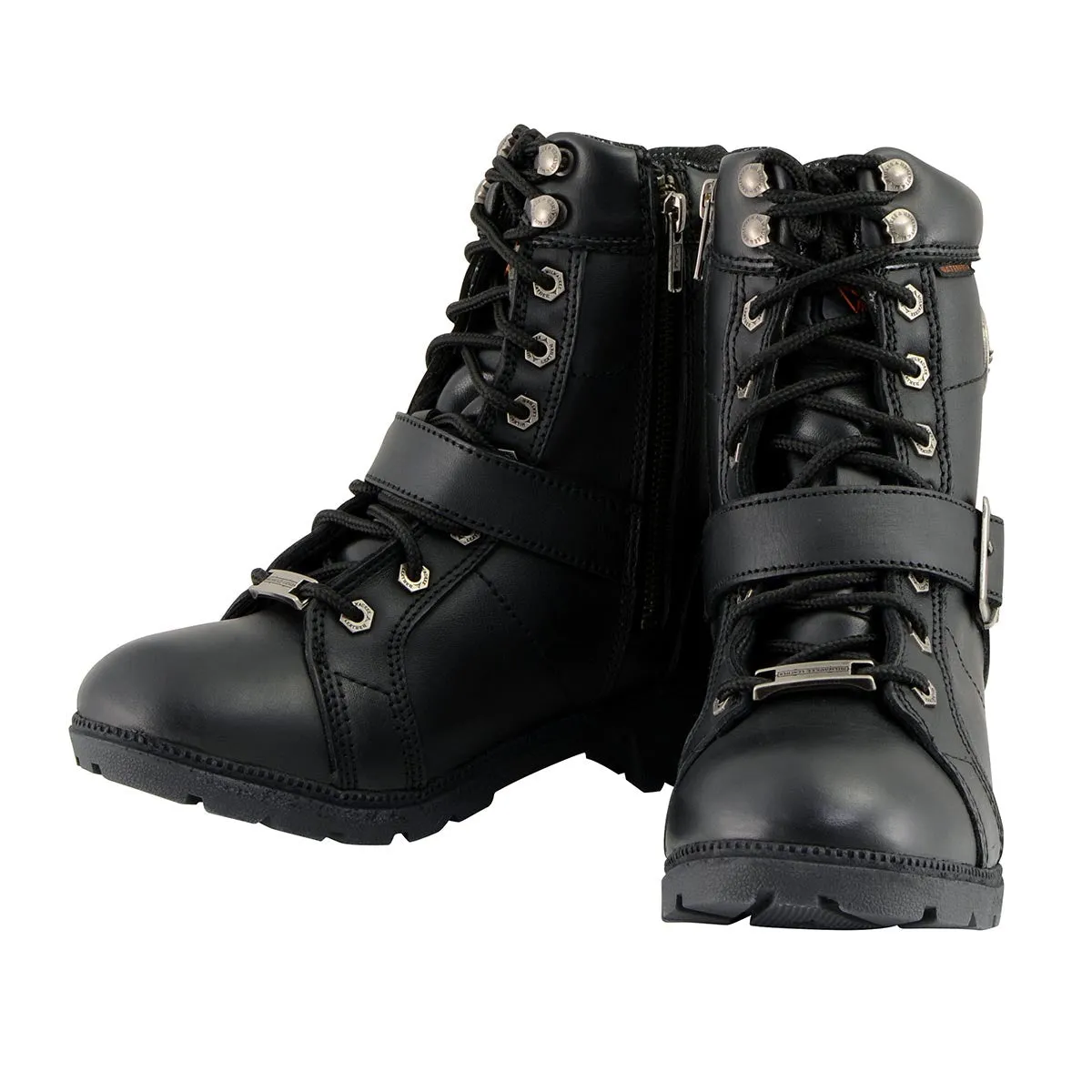 MBL9326WP Women's Black Leather Lace-Up Waterproof Motorcyle Rider Boots with Side Zippers
