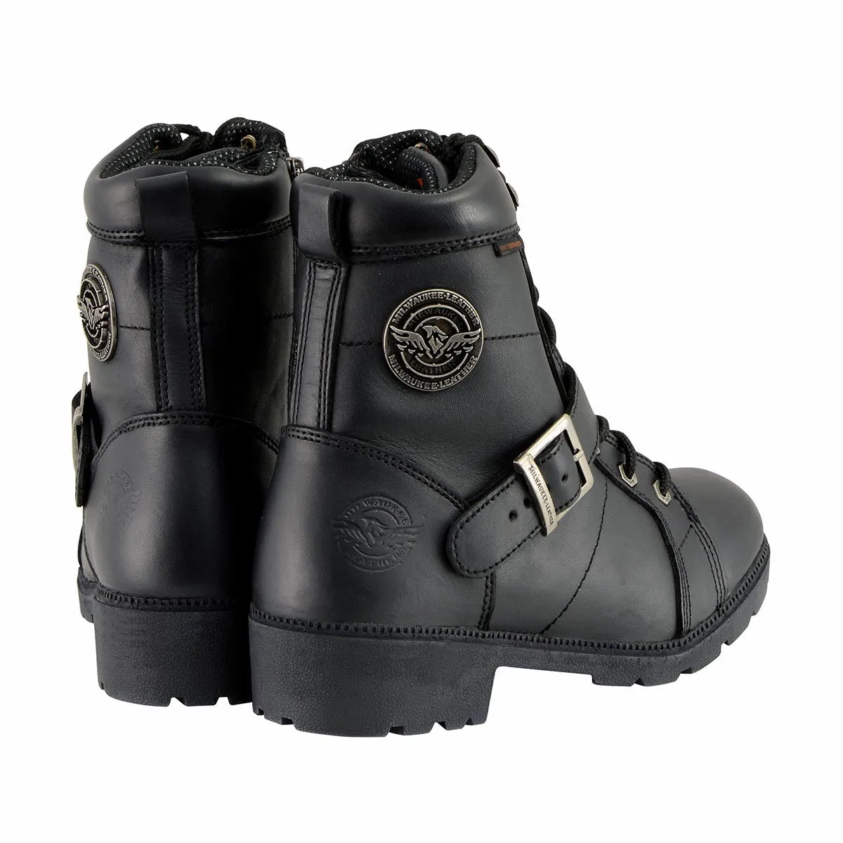 MBL9326WP Women's Black Leather Lace-Up Waterproof Motorcyle Rider Boots with Side Zippers
