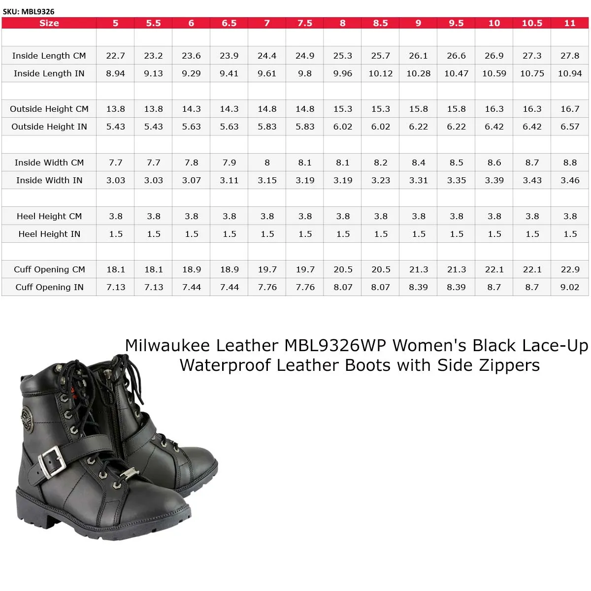 MBL9326WP Women's Black Leather Lace-Up Waterproof Motorcyle Rider Boots with Side Zippers