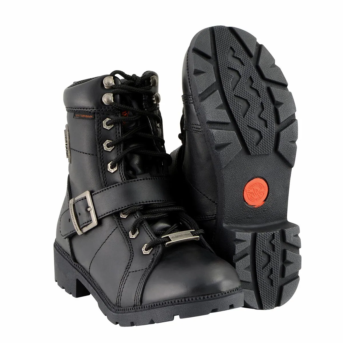 MBL9326WP Women's Black Leather Lace-Up Waterproof Motorcyle Rider Boots with Side Zippers