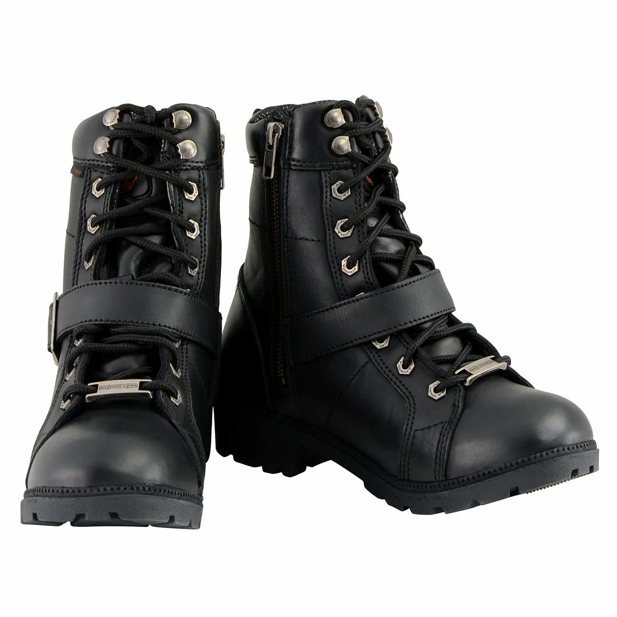 MBL9326WP Women's Black Leather Lace-Up Waterproof Motorcyle Rider Boots with Side Zippers