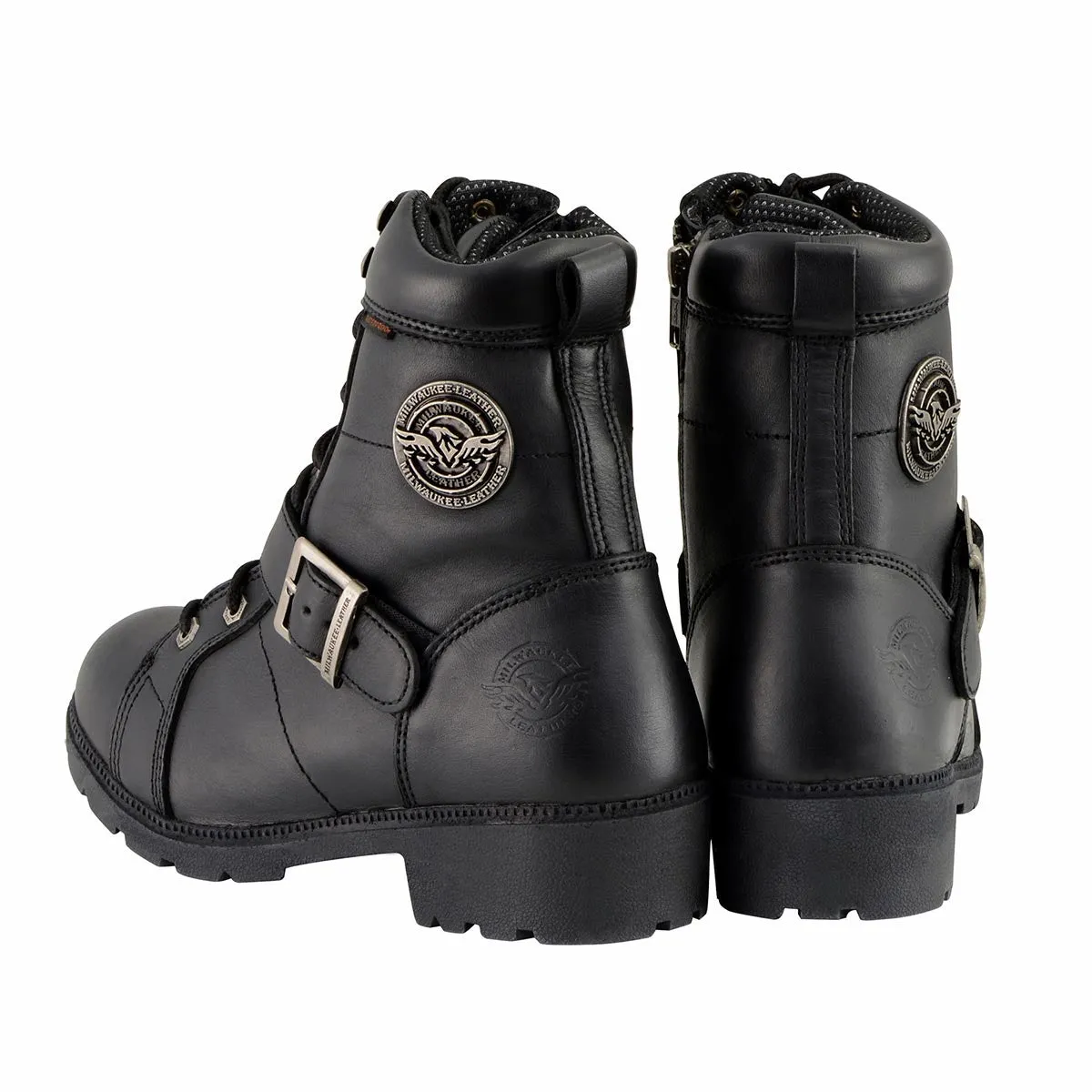 MBL9326WP Women's Black Leather Lace-Up Waterproof Motorcyle Rider Boots with Side Zippers