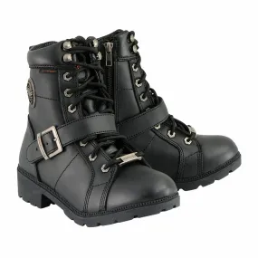MBL9326WP Women's Black Leather Lace-Up Waterproof Motorcyle Rider Boots with Side Zippers