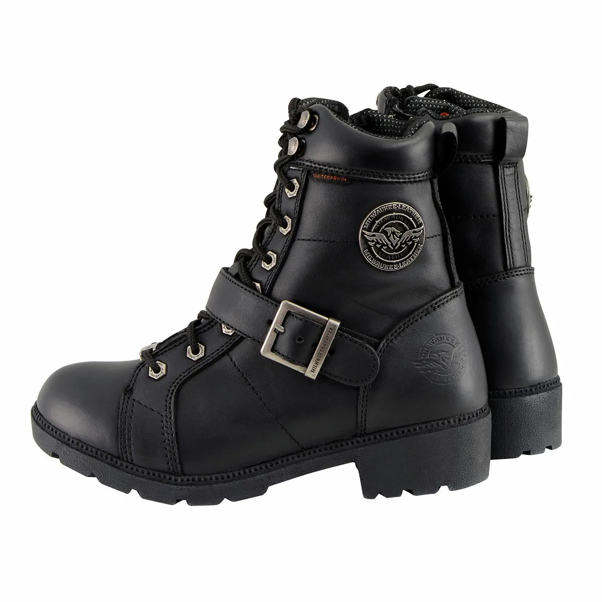 MBL9326WP Women's Black Leather Lace-Up Waterproof Motorcyle Rider Boots with Side Zippers