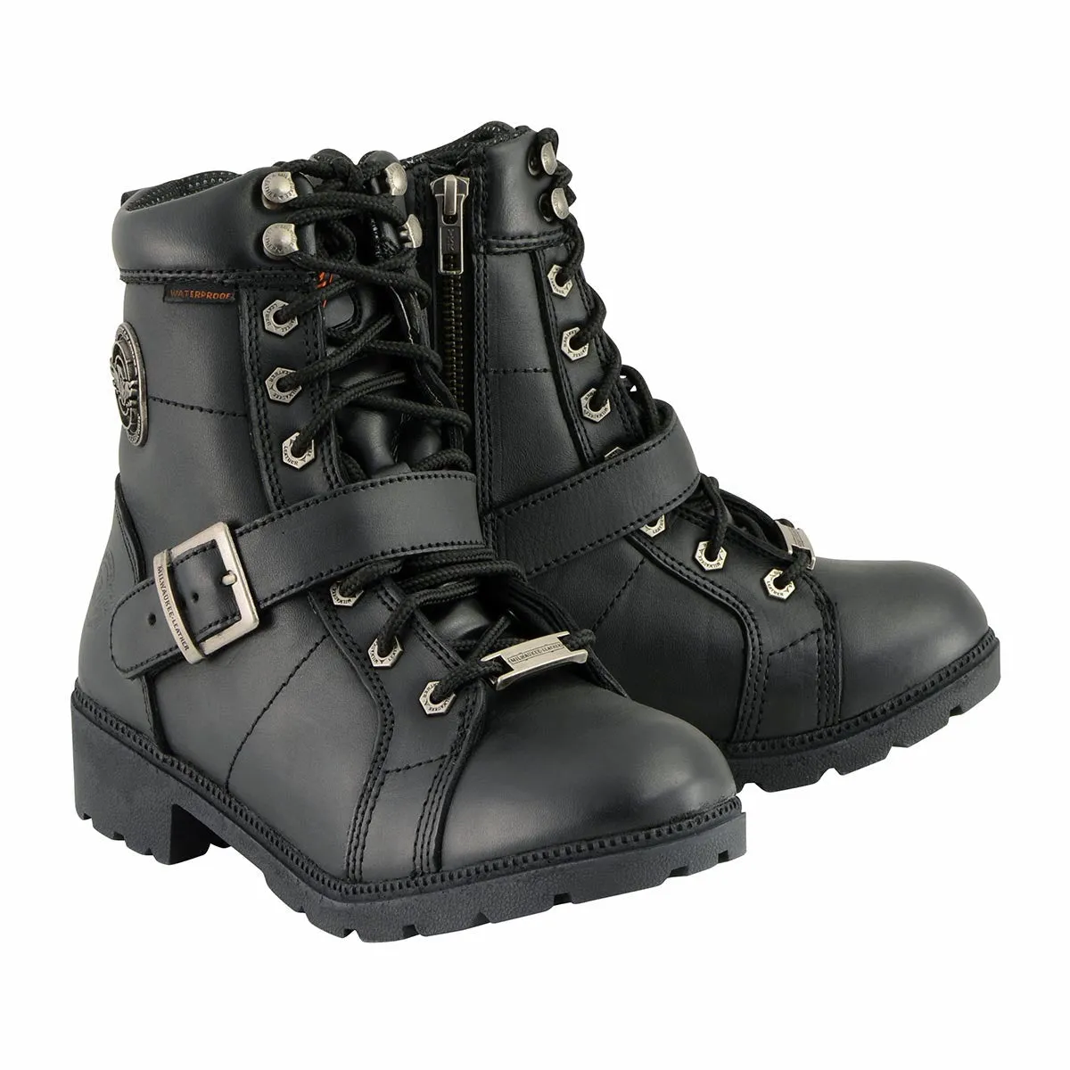 MBL9326WP Women's Black Leather Lace-Up Waterproof Motorcyle Rider Boots with Side Zippers