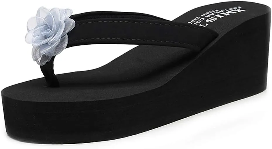 MIOKE Women's Wedge High Heel Flipflops Sandals Boho Flower Anti-Slip Platform Summer Beach Thong Sandals