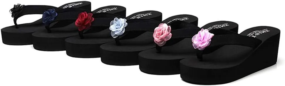 MIOKE Women's Wedge High Heel Flipflops Sandals Boho Flower Anti-Slip Platform Summer Beach Thong Sandals