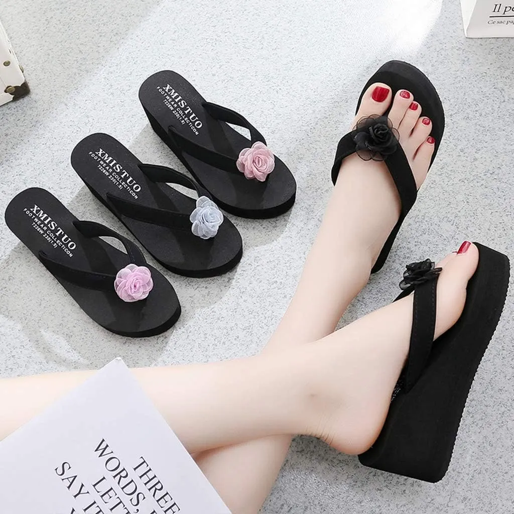 MIOKE Women's Wedge High Heel Flipflops Sandals Boho Flower Anti-Slip Platform Summer Beach Thong Sandals