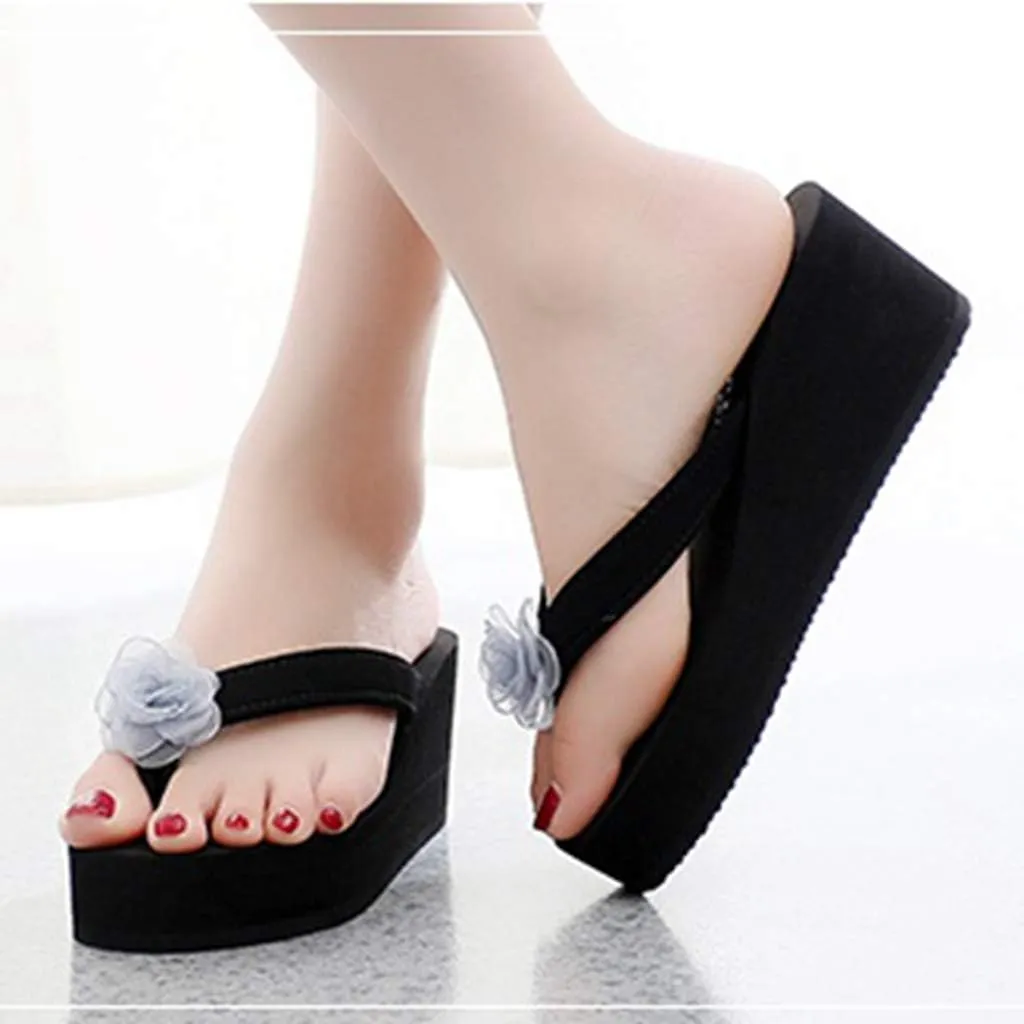 MIOKE Women's Wedge High Heel Flipflops Sandals Boho Flower Anti-Slip Platform Summer Beach Thong Sandals
