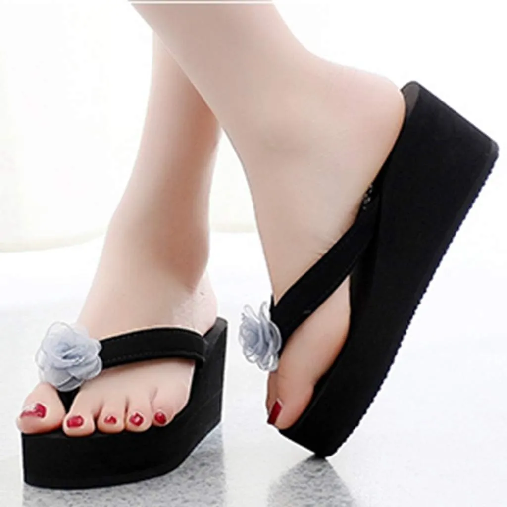MIOKE Women's Wedge High Heel Flipflops Sandals Boho Flower Anti-Slip Platform Summer Beach Thong Sandals