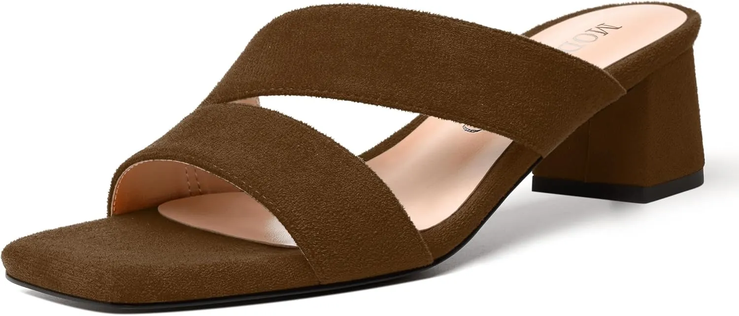 MODENCOCO Womens Open Toe Slip On Dating Fashion Suede Stylish Chunky Low Heel Heeled Sandals 2 Inch