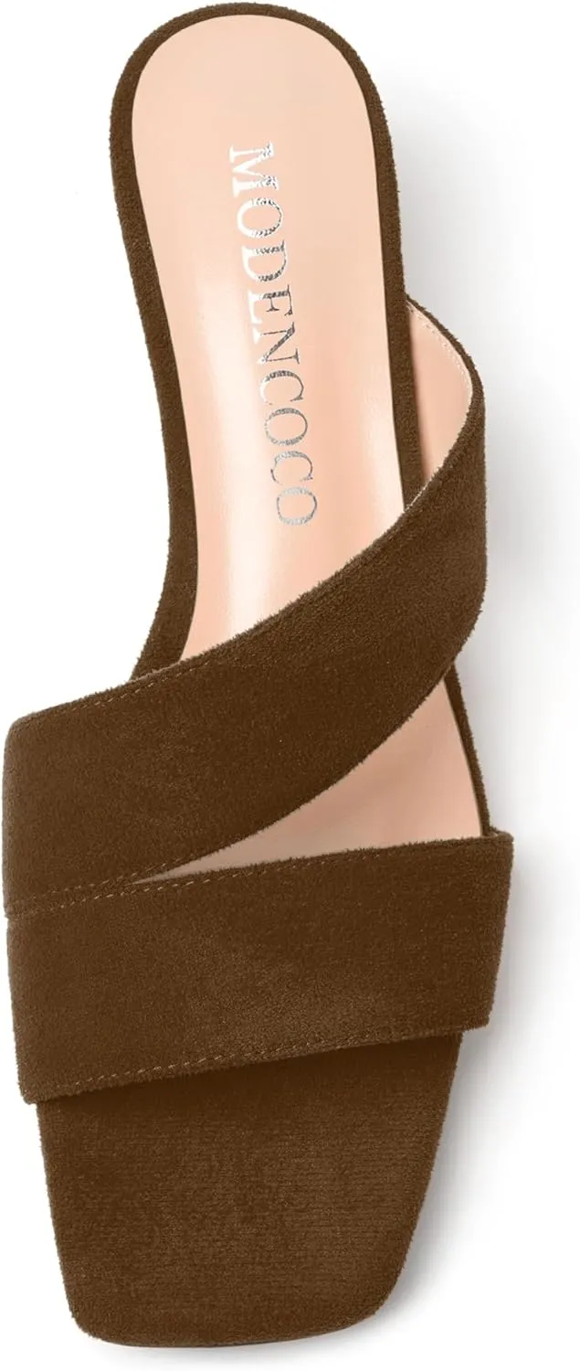 MODENCOCO Womens Open Toe Slip On Dating Fashion Suede Stylish Chunky Low Heel Heeled Sandals 2 Inch